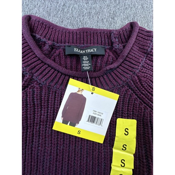Ellen Tracy Sweater Womens Small Port Marl Burgundy Cable Knit Crew Neck New - Picture 8 of 15